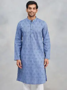 Fabindia Geometric Block Printed Band Collar Cotton Straight Kurta
