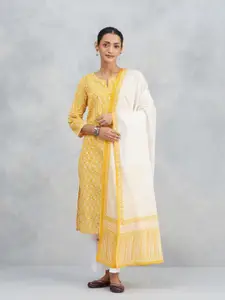 Fabindia Geometric Printed Notch Neck Cotton Straight Kurta With Dupatta