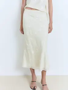 MANGO Floral Embroidered Midi A-Line Skirt