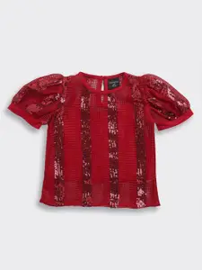 Tiny Girl Sequinned Stripes Embellished Puff Sleeve Sheer Tank Top