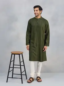 Fabindia Striped Embroidered Thread Work Band Collar Straight Kurta