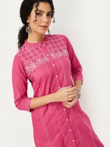 max Floral Embroidered Mandarin Collar Thread Work A-Line Cotton Kurta