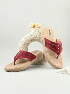 The Roadster Lifestyle Co  Women Cherry Laser Cut Embellished Comfort T-Strap Flats