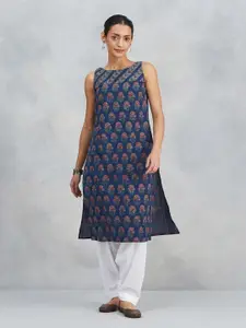 Fabindia Ethnic Motifs Printed Round Neck Pure Cotton Straight Kurta