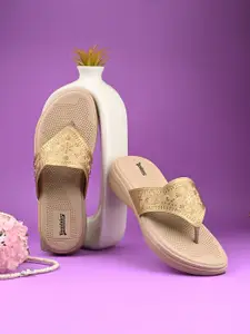 The Roadster Lifestyle Co Women Embellished Laser Cut T-Strap Comfort Flats