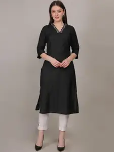 4u Fashion Women Black V-Neck Three Quarter Sleeves Straight Kurta