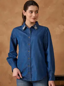 Orchid Blues Women Solid Spread Collar Cotton Casual Shirt