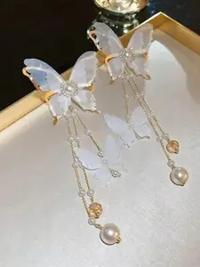 AVANT-GARDE PARIS Gold-Plated Artificial Beaded Butterfly Shaped Drop Earrings