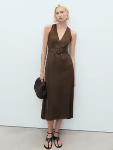 MANGO V-Neck Pure Linen Belted A-Line Midi Dress