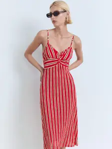 MANGO Vertically Striped Plisse Effect Shoulder Straps Gathered Detail Midi Sheath Dress