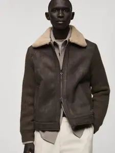 MANGO MAN Fleece Spread Collar Straight Fit Parka Jacket with Contrasting Ribbed Sleeves