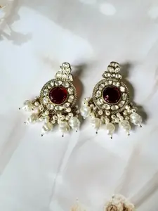 The Jewellery Tale Stainless Steel Gold Plated Ruby Studded & Pearls Beaded Drop Earrings