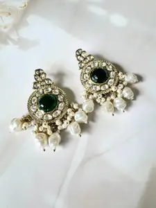 The Jewellery Tale Stainless Steel Gold Plated Emerald Studded & Beaded Drop Earrings