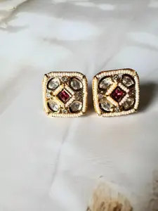 The Jewellery Tale Stainless Steel Rose Gold Plated Stones Studded & Beaded Square Studs