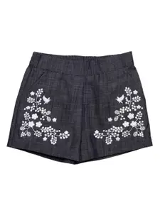 Cherry Crumble Girls Cotton Floral Embroidered Denim Shorts