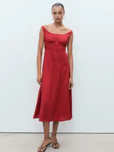 MANGO Boat Neck A-Line Midi Dress with Waist Tie-Up