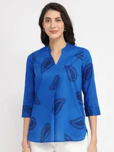 Pink Fort Women Paisley Printed Mandarin Collar Cotton Top