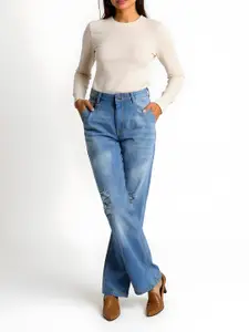 glitchez Women Straight Fit Low Distress Light Fade Jeans