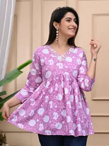 GUNDIA FASHION Floral Printed V-Neck Mirror Work Mirror Work Pleated Kurti