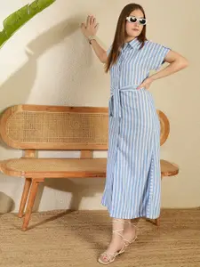 Chemistry Women Striped Belted Linen Shirt Dress with Belt