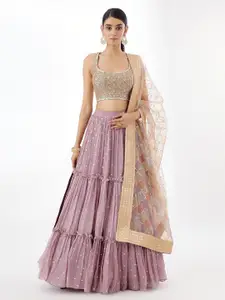 FABPIXEL Embroidered Sequinned Semi-Stitched Lehenga & Unstitched Blouse With Dupatta
