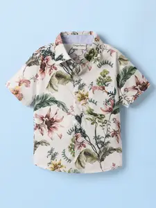 CrayonFlakes Boys Floral Printed Spread Collar Short Sleeves Cotton Shirt