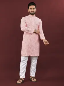 Leipzig Fashion Men Geometric Embroidered Band Collar Kurta With Trousers