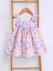 MeeMee Girls Printed Flutter Sleeve Bow Detail Cotton Fit & Flare Dress