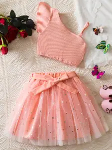 INCLUD Girls Printed One Shoulder Top With Skirt