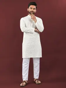 Leipzig Fashion Geometric Embroidered Mandarin Collar Sequinned Cotton Silk Straight Kurta