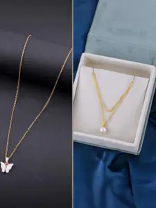 DressBerry Set Of 2 Gold Plated Artificial Stone Studded Minimal Pendants With Chains