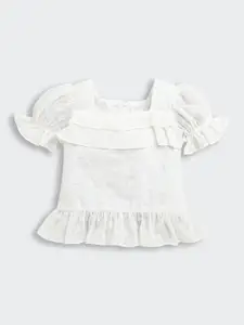 Tiny Girl Floral Embroidered Square Neck Puff Sleeve Cotton Top