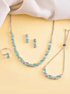 Anouk Silver Plated Teal Stone Studded Necklace Set With Ring And bracelet
