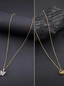 DressBerry Set Of 2 Gold-Plated Artificial Stone Studded Contemporary Pendants With Chains