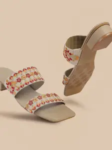 Metro Women Floral Woven Design Open Toe Block Sandals