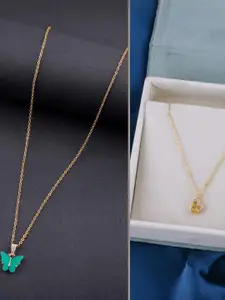 DressBerry Set Of 2 Gold-Plated Artificial Stones Studded Heart Shaped Pendant With Chain