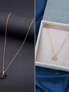 DressBerry Set Of 2 Gold-Plated Artificial Stones Studded Chains & Butterfly Pendants