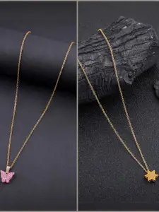 DressBerry Set Of 2 Gold Plated Artificial Stone Studded Minimal Pendants With Chains