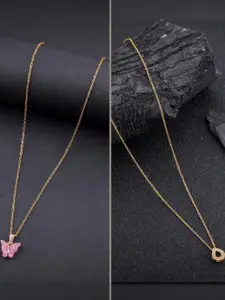 DressBerry Set of 2 Gold Plated Artificial Stone Studded Minimal Pendants With Chains