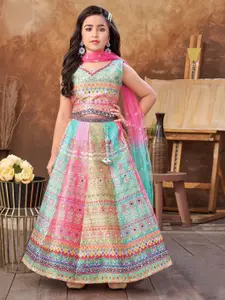 NKV Girls Printed Mirror Work Tie and Dye Ready to Wear Lehenga & Blouse With Dupatta