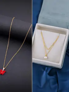 DressBerry Set Of 2 Gold Plated Artificial Stone Studded Minimal Pendants With Chains