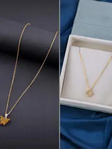DressBerry Set of 2 Gold Plated Artificial Stone Studded Minimal Pendants With Chains