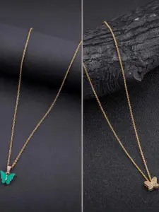 DressBerry Set of 2 Gold Plated Artificial Stone Studded Minimal Chains With Pendants