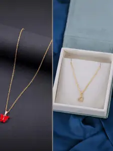 DressBerry Set Of 2 Gold-Plated Artificial Stones Studded Heart Shaped Pendant With Chain