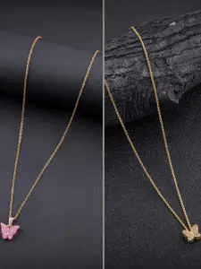 DressBerry Set Of 2 Gold-Plated Artificial Stones Studded Chains & Butterfly Pendants
