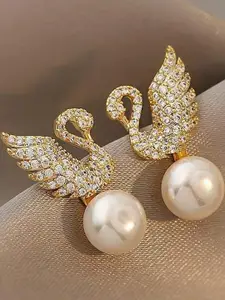 Anouk Gold-Plated Stones Studded & Pearls Beaded Korean Quirky Shaped Studs