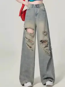 StyleCast Women Wide Leg High-Rise Mildly Distressed Heavy Fade Cotton Stretchable Jeans