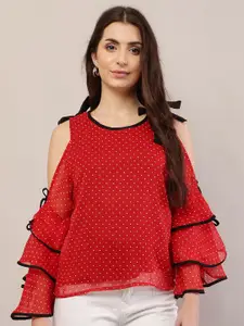 Raabta Fashion Women Polka Dot Printed Cold-Shoulder Sleeves Top