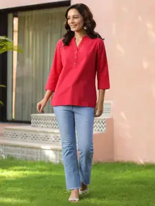 Rain & Rainbow Women Mandarin Collar Pure Cotton Top