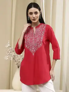 Biba Ethnic Motifs Embroidered Mandarin Collar Pure Cotton Kurti